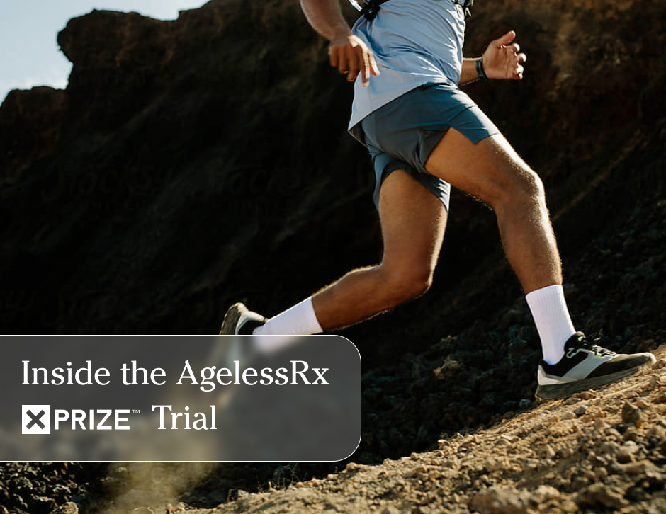 A man running with the following subtitle in the foreground: Inside the AgelessRx XPRIZE Trial